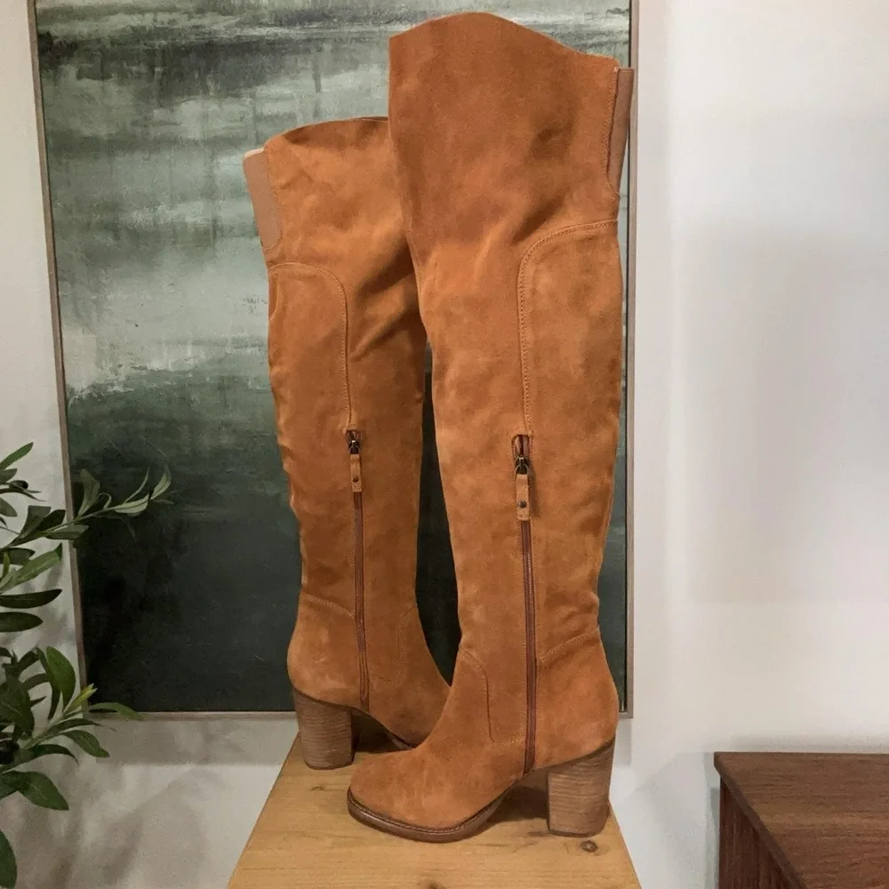KDB Boots Womens Size 10 Brown Faux Suede Over The Knee Riding Block Heel Zip